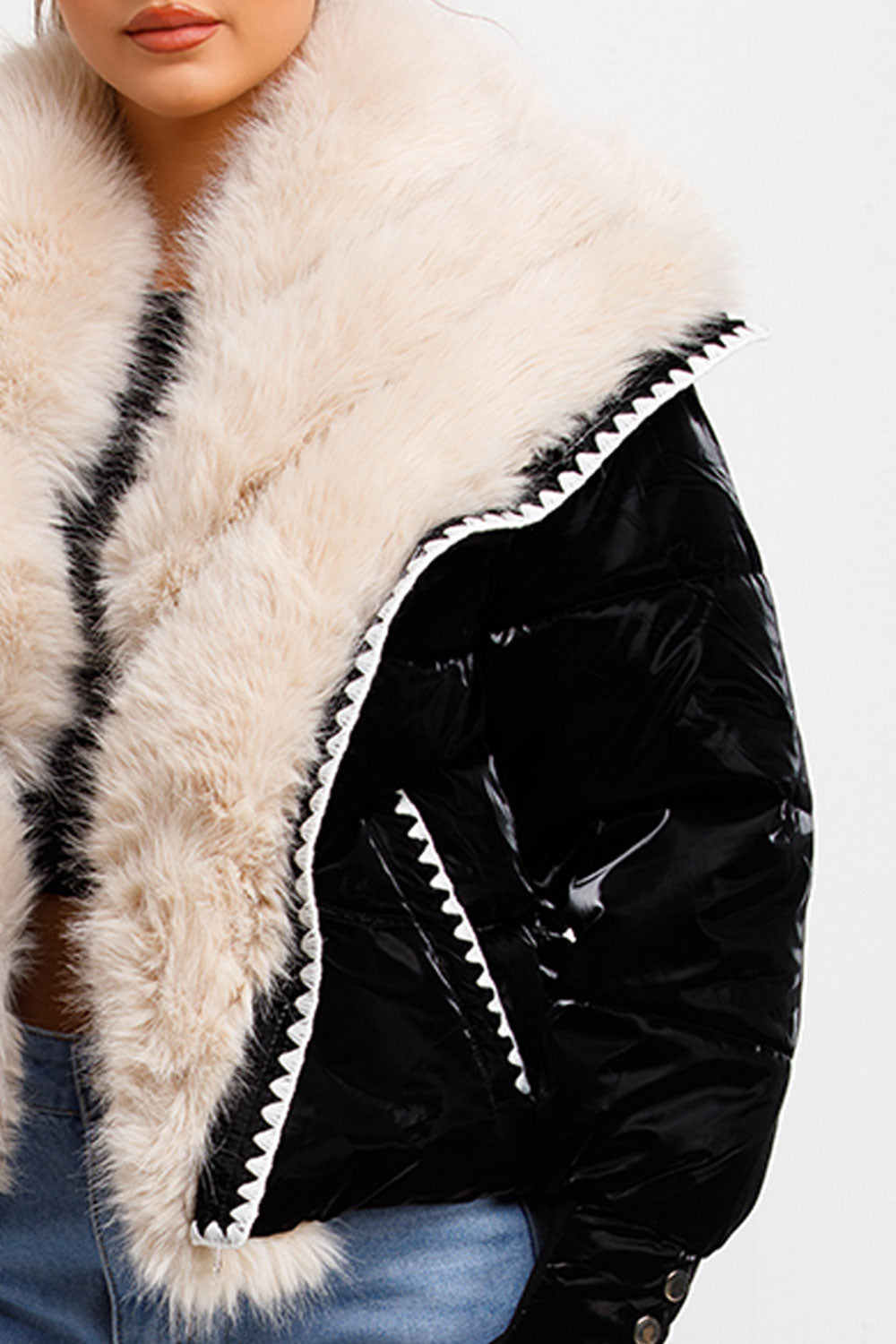 Faux Fur Collar And Trim Puffer Coat With Contrast Stitching Detail Black