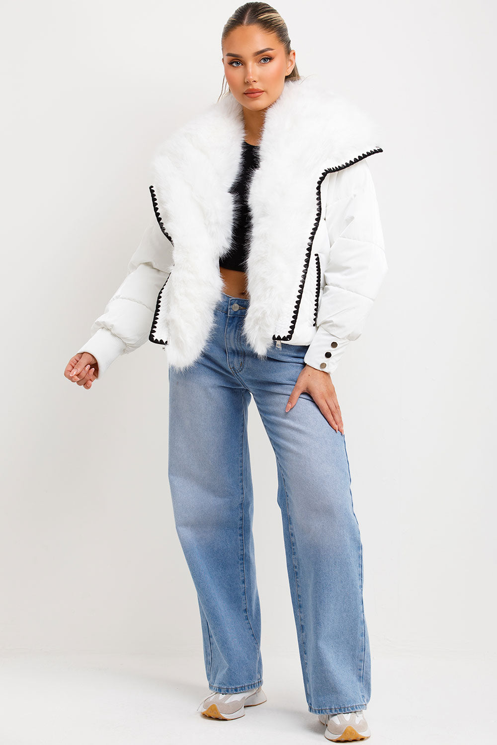 Faux Fur Collar And Trim Puffer Coat With Contrast Stitching Detail White