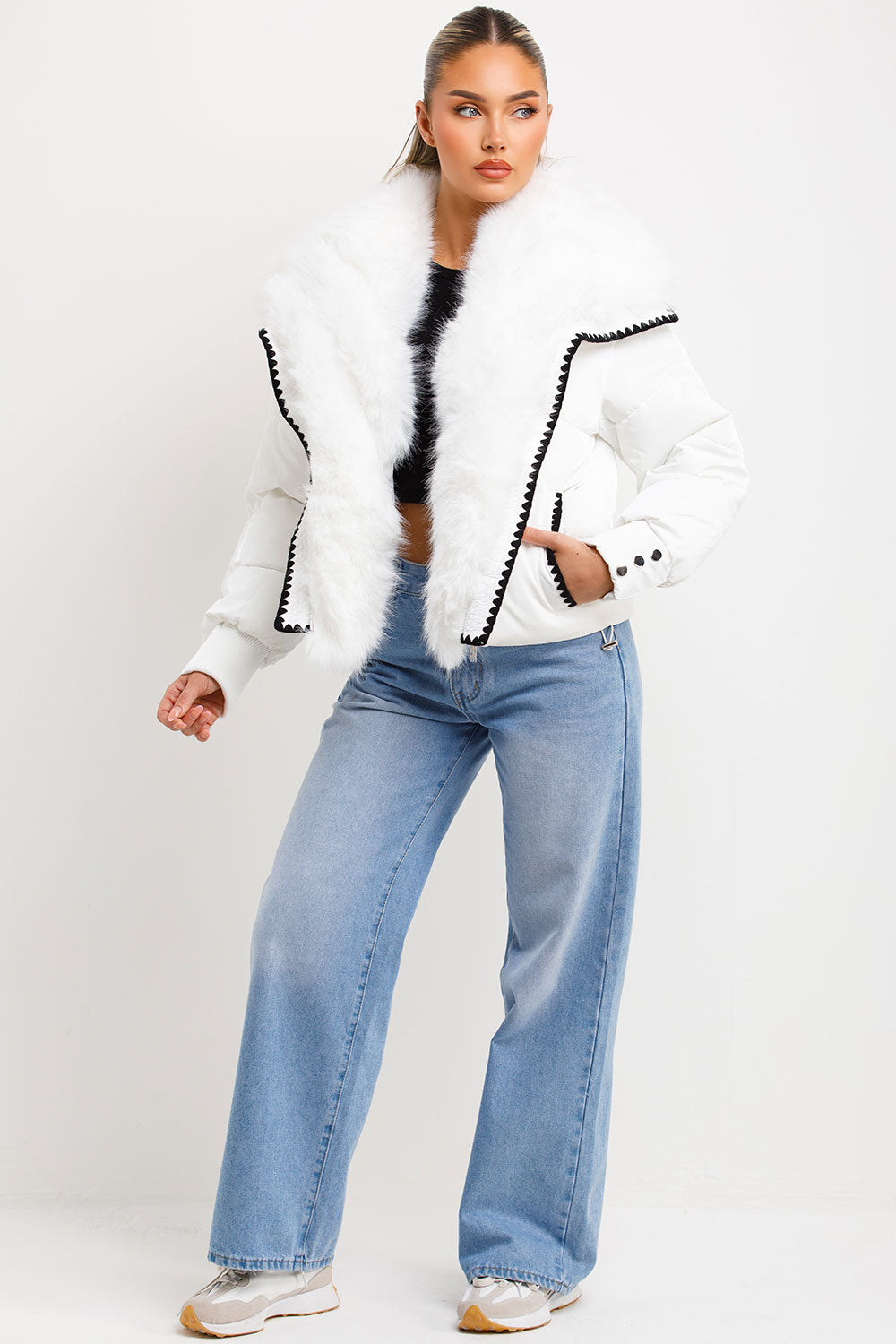 Faux Fur Collar And Trim Puffer Coat With Contrast Stitching Detail White