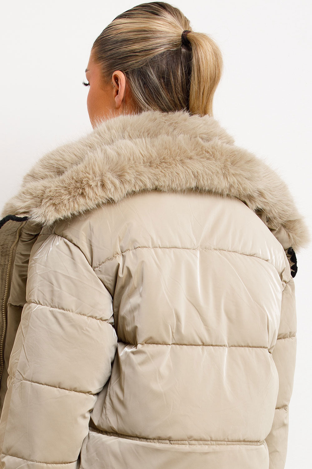 Faux Fur Collar And Trim Puffer Coat With Contrast Stitching Detail Beige