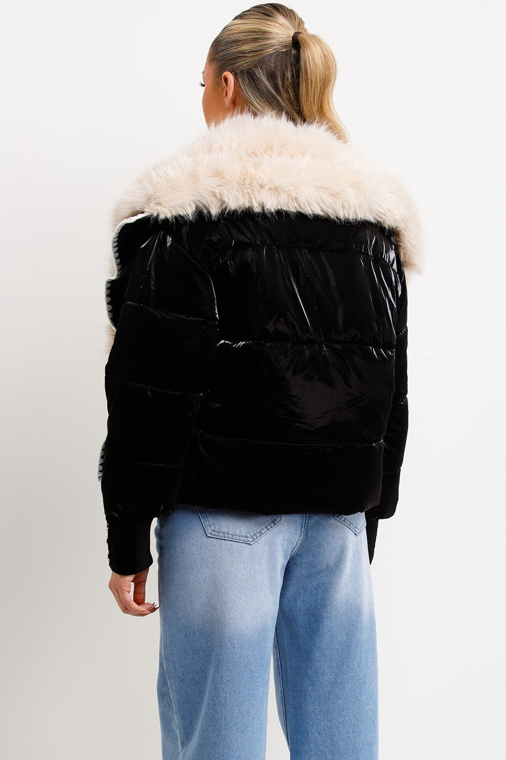 Faux Fur Collar And Trim Puffer Coat With Contrast Stitching Detail Black