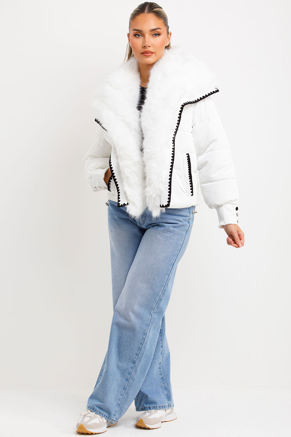 Faux Fur Collar And Trim Puffer Coat With Contrast Stitching Detail White