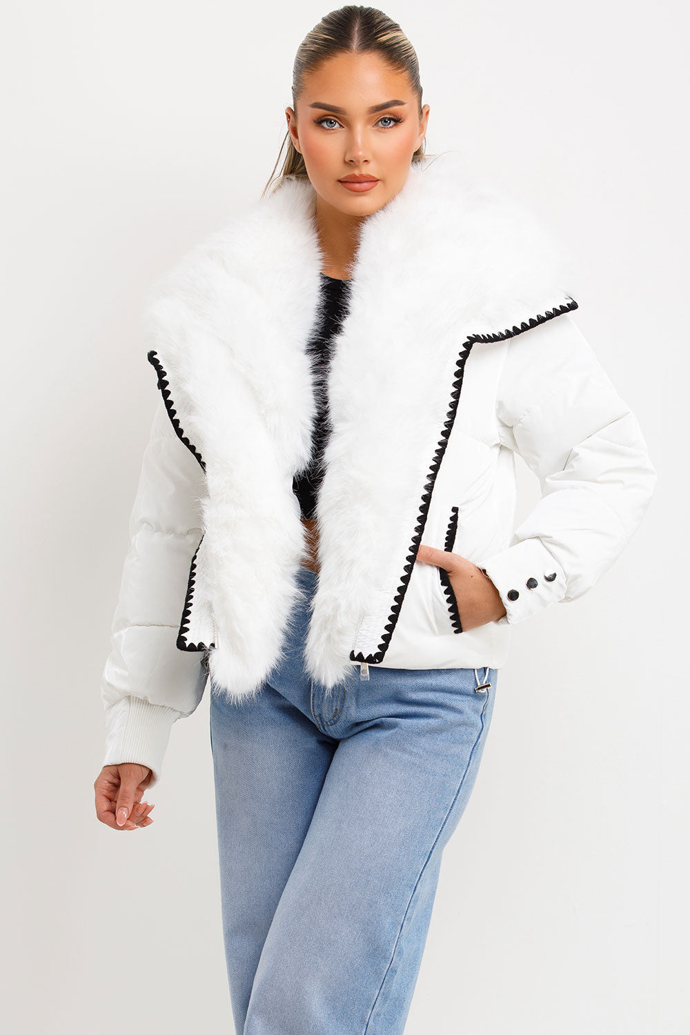 Faux Fur Collar And Trim Puffer Coat With Contrast Stitching Detail White