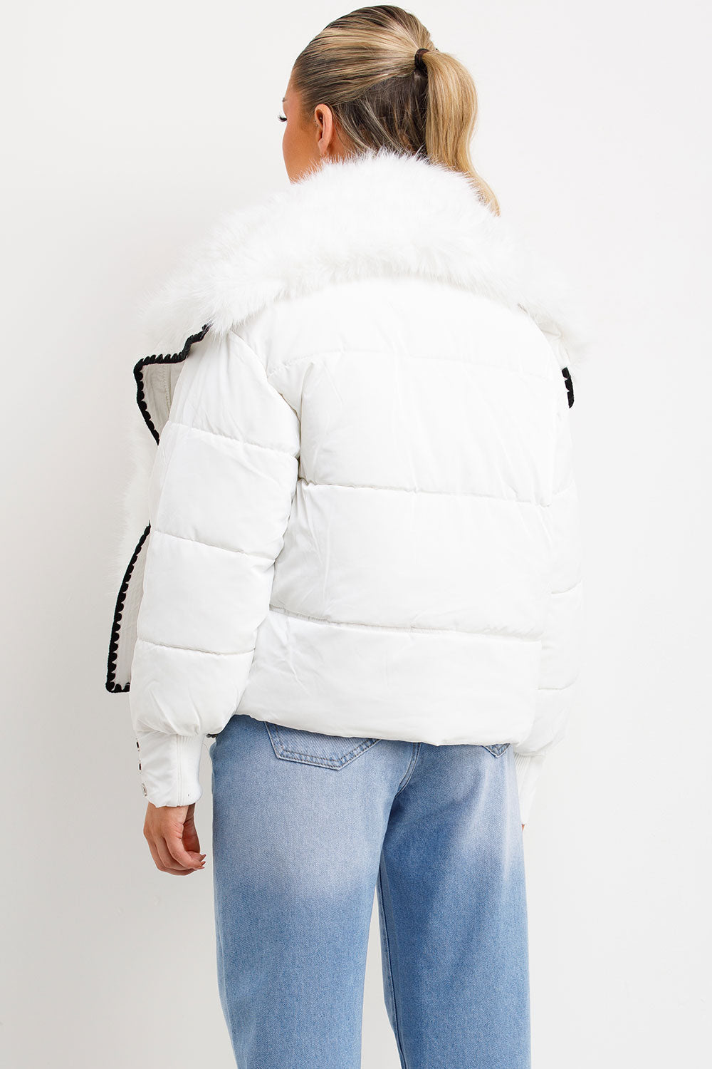 Faux Fur Collar And Trim Puffer Coat With Contrast Stitching Detail White