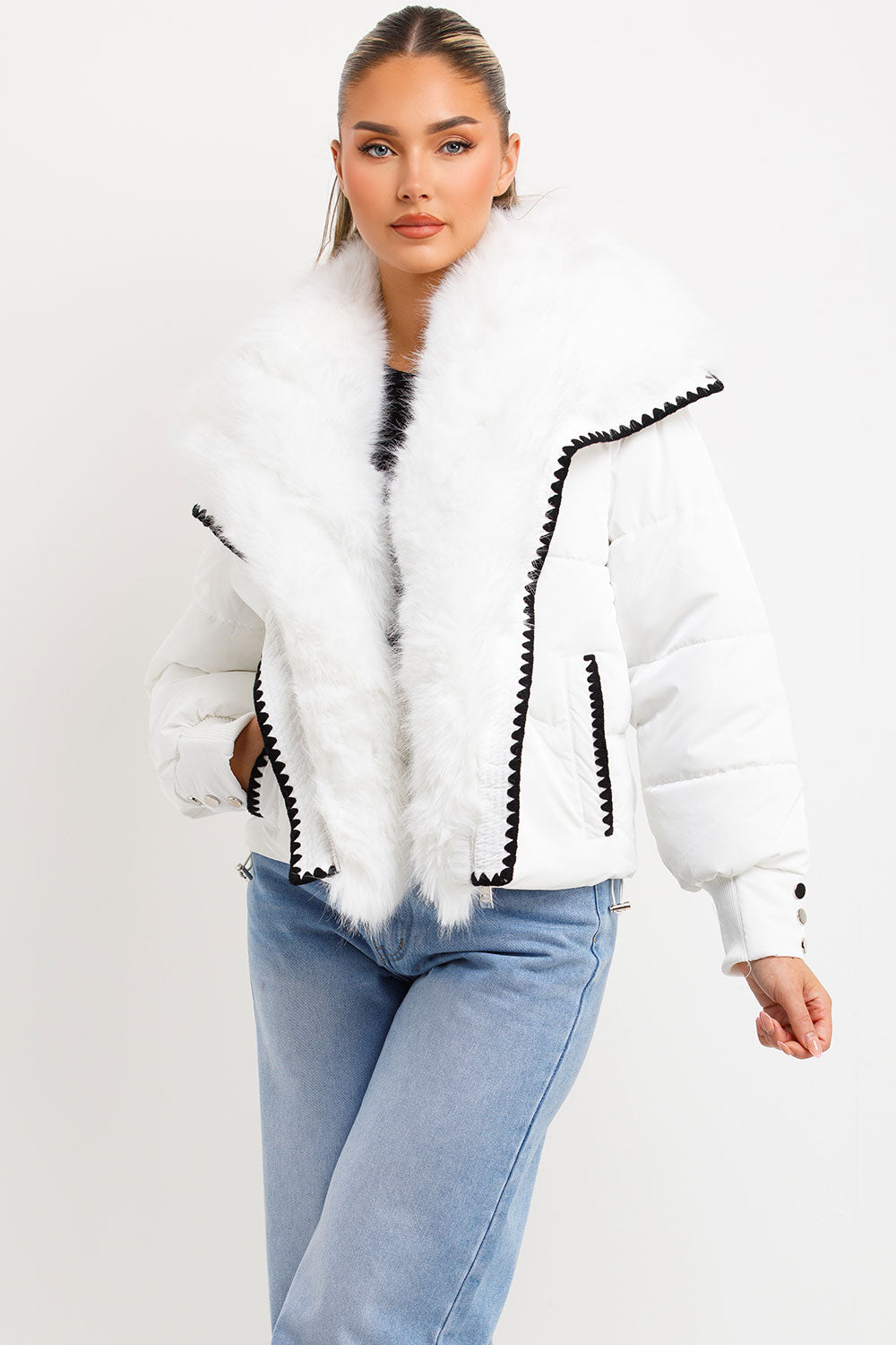 Faux Fur Collar And Trim Puffer Coat With Contrast Stitching Detail White