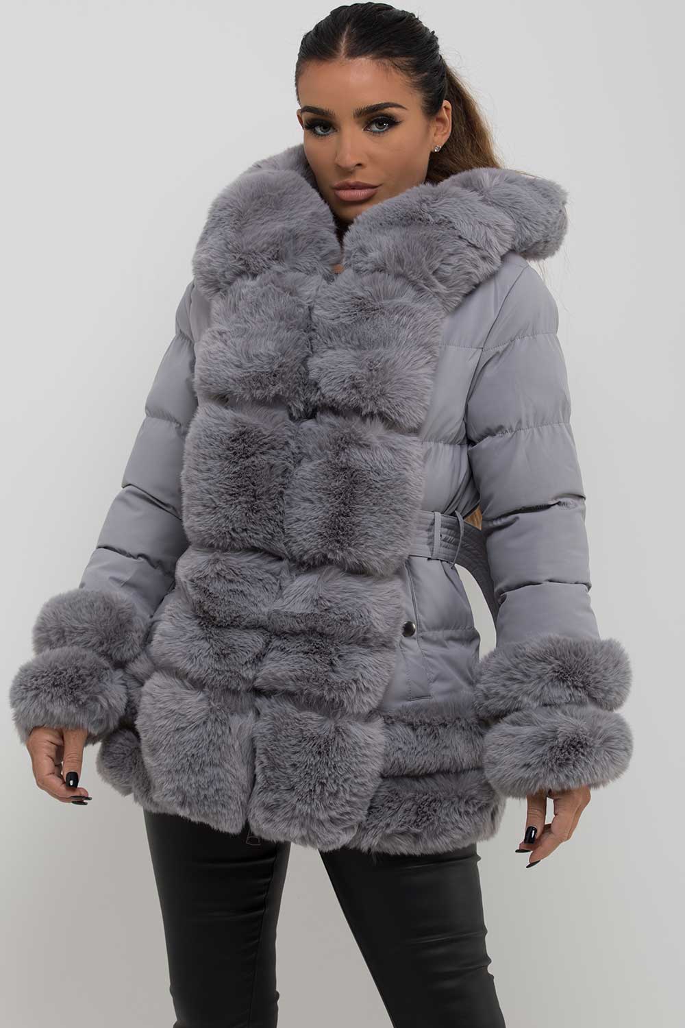 Puffer Jacket With Fur Hood Cuff And Trim Grey