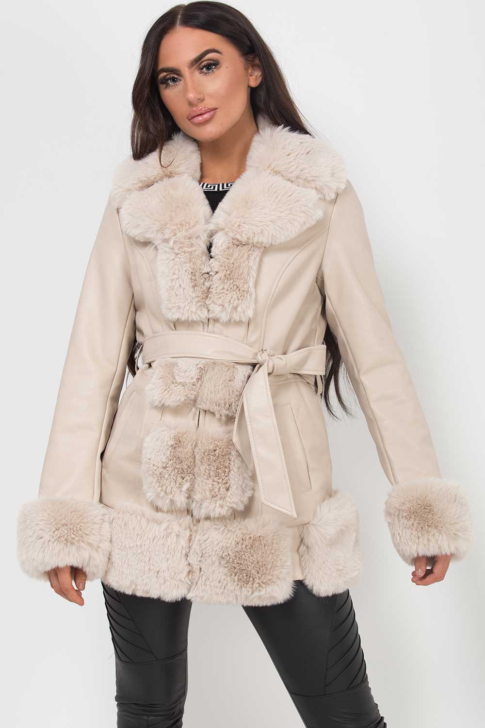 Faux Fur Trim Faux Leather Coat With Belt Beige