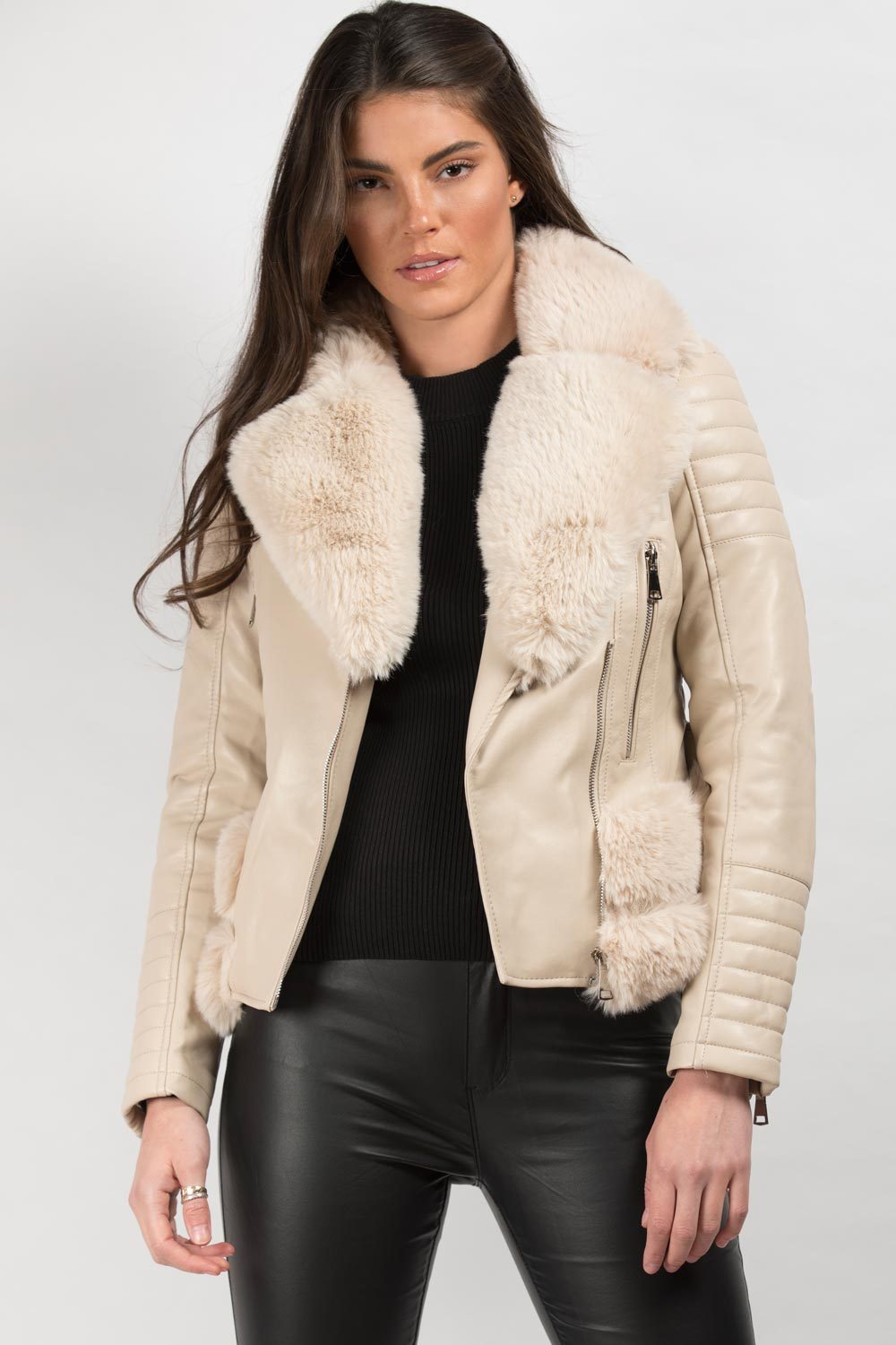 Cream Faux Fur Faux Leather Belted Jacket