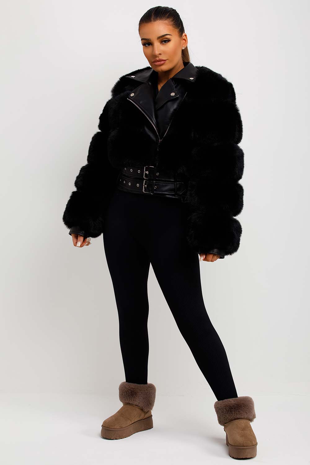 Faux Fur Faux Leather Aviator Jacket With Belt Black