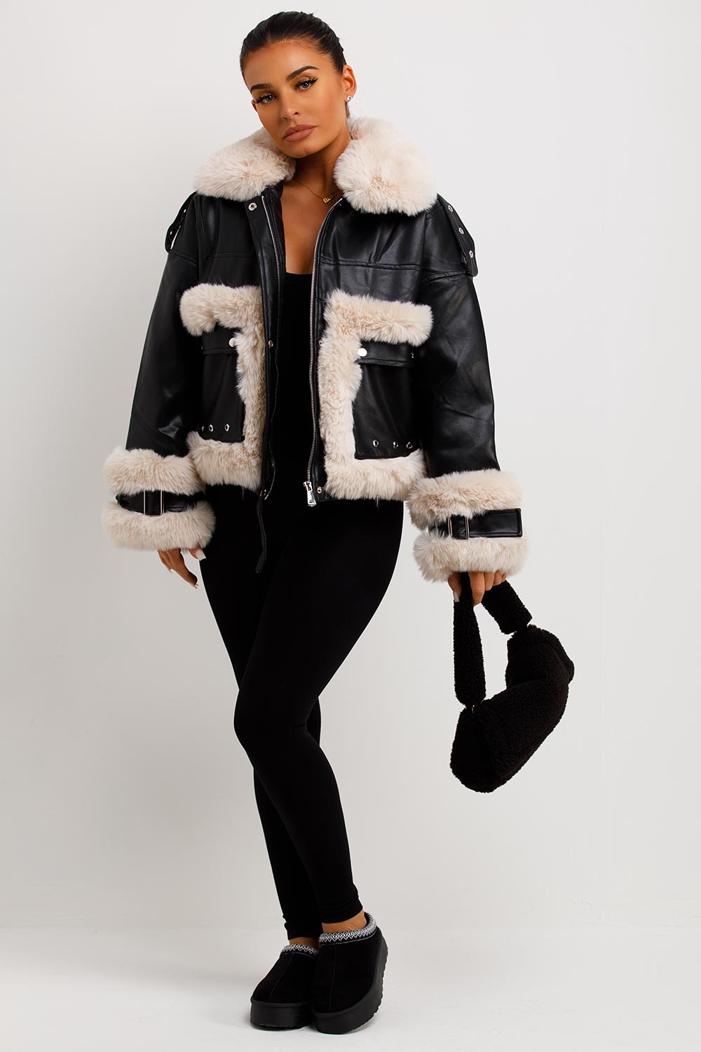 Faux Fur Trim Faux Leather Jacket Black