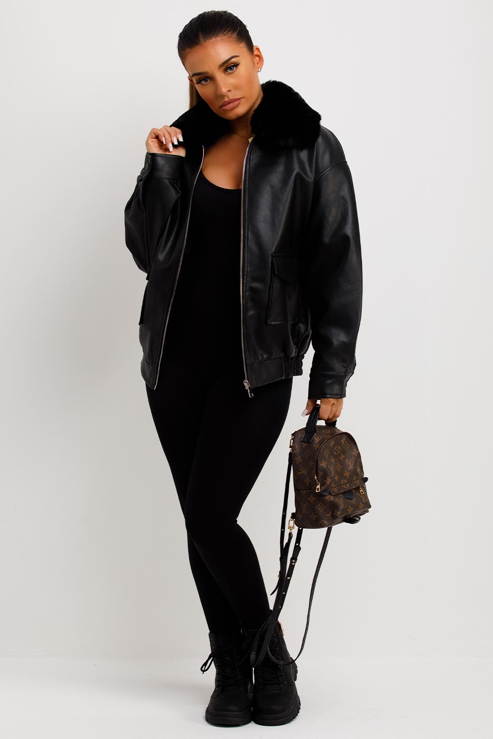 Faux Leather Jacket With Faux Fur Collar Black