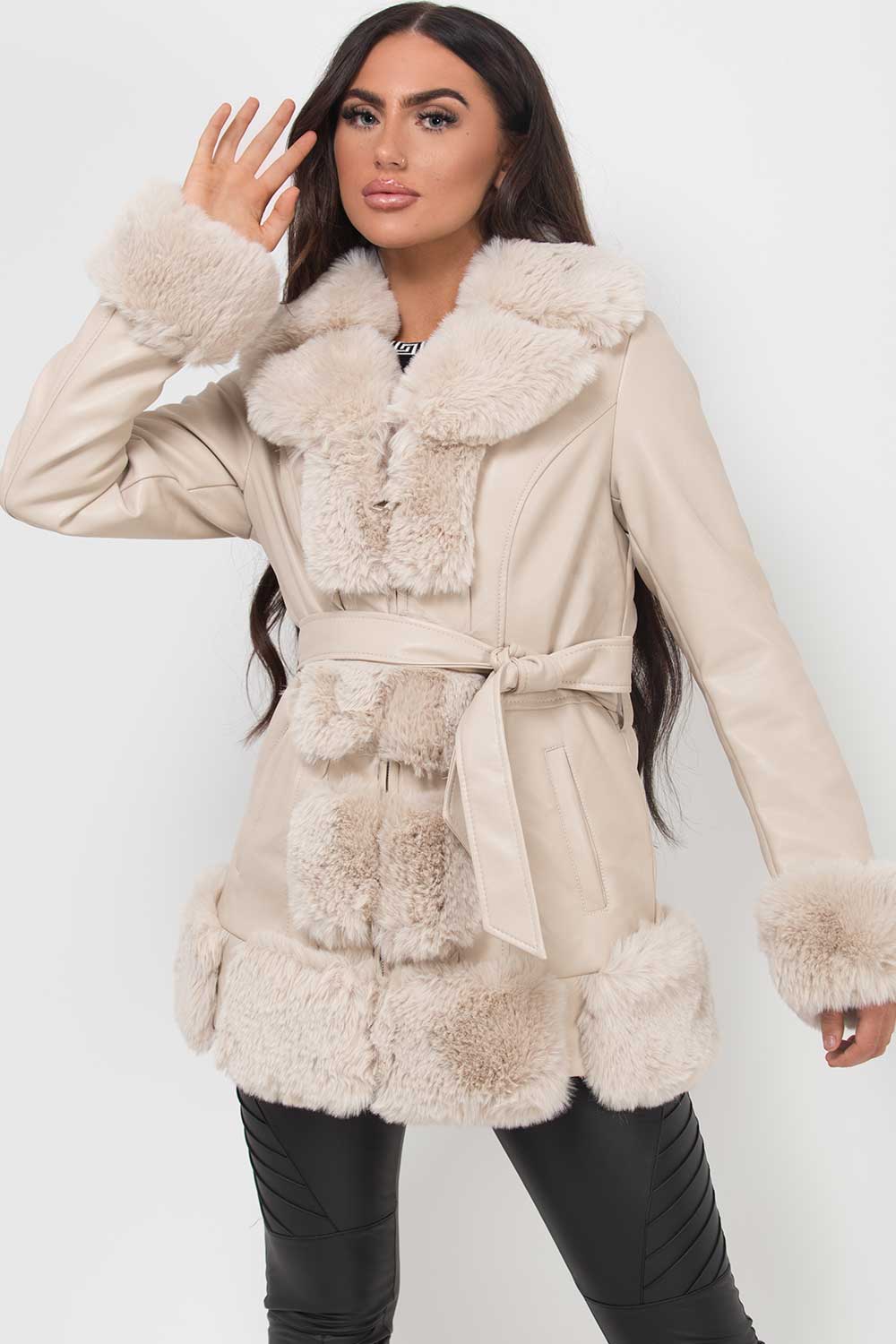 Faux Fur Trim Faux Leather Coat With Belt Beige