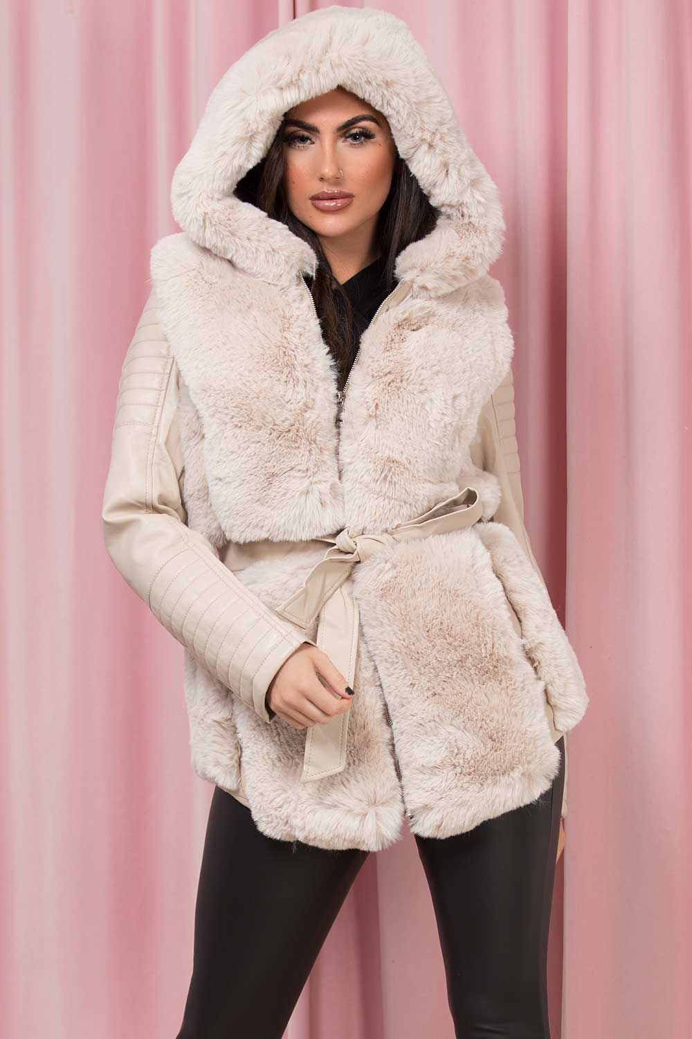 Faux Leather Jacket With Faux Fur Panel Cream