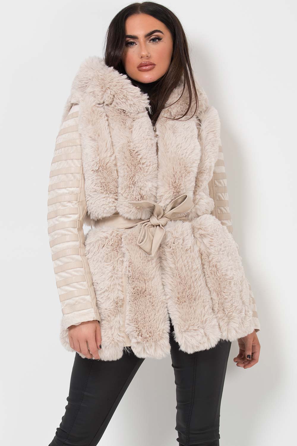 Faux Fur Faux Leather Hooded Panelled Sleeve Jacket Cream