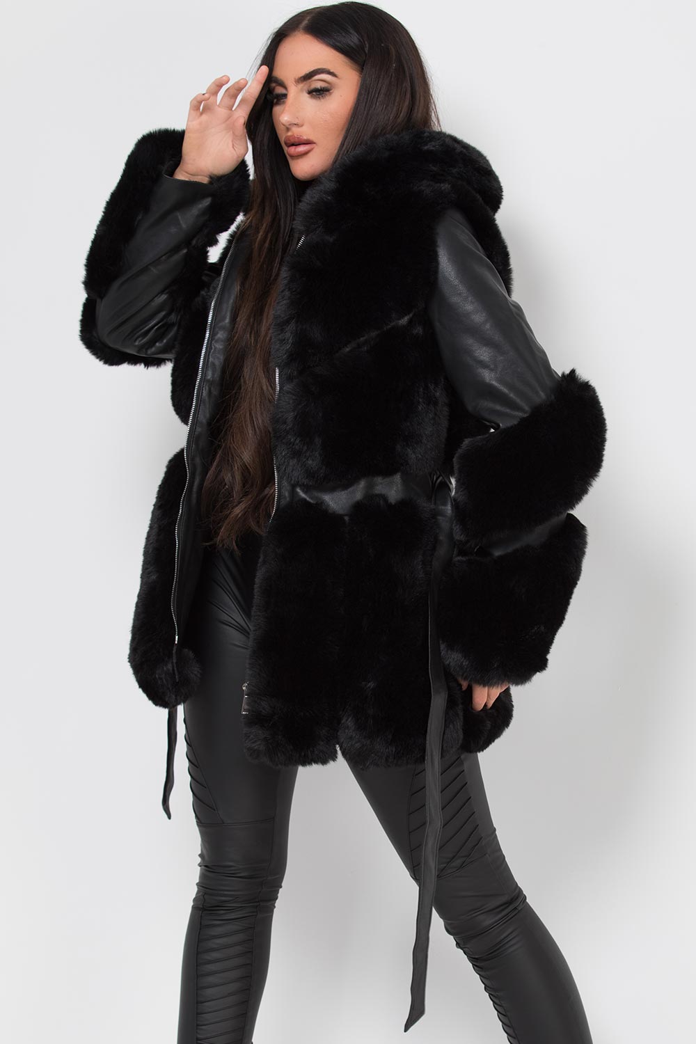 Faux Leather Faux Fur Panel Hooded Jacket With Belt Black