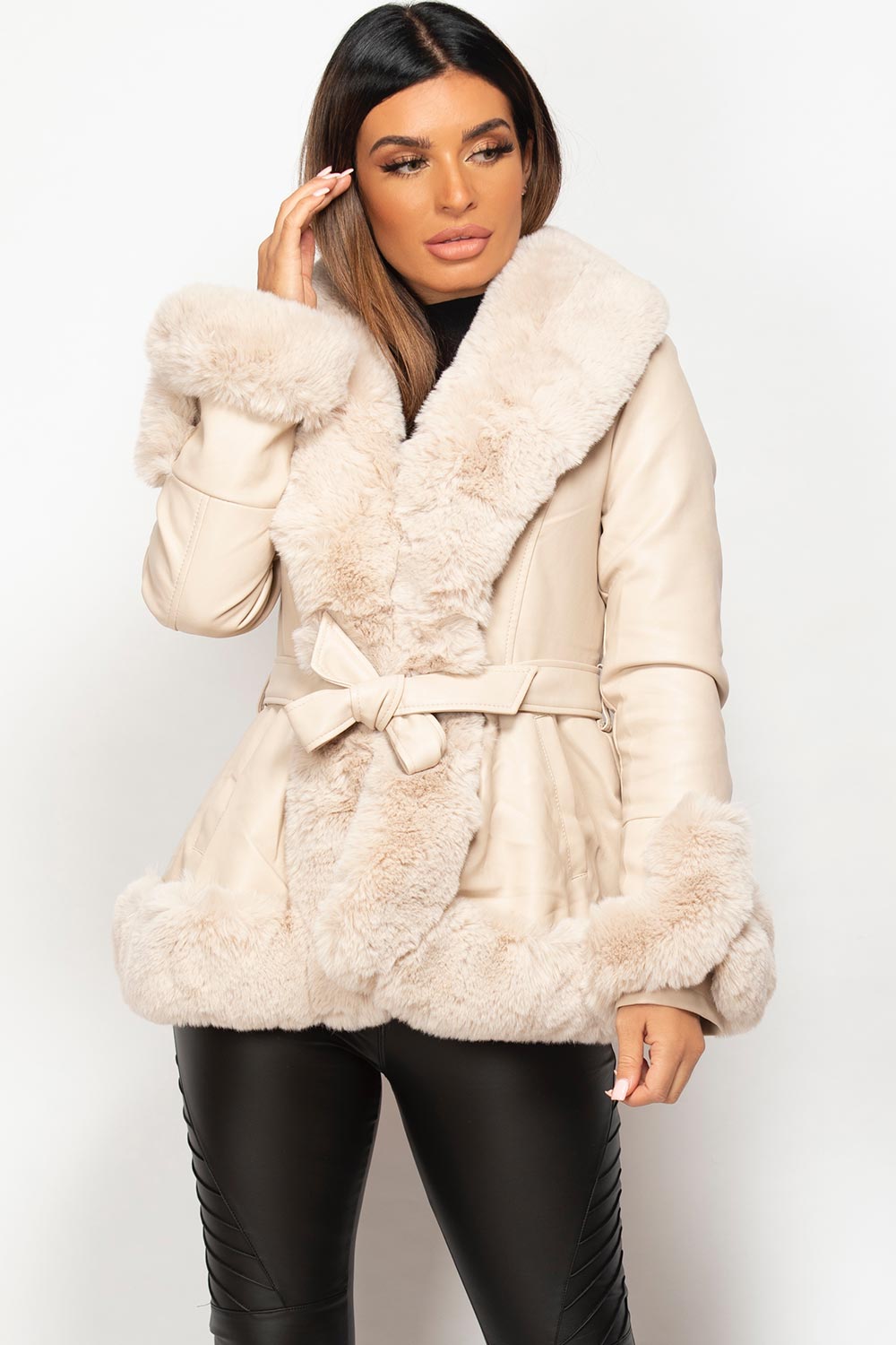 Cream Faux Leather Faux Fur Belted Jacket