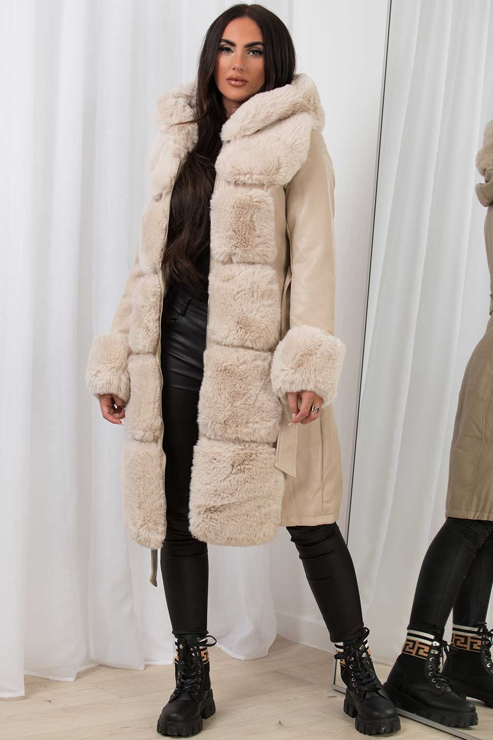 Faux Leather Faux Fur Longline Hooded Jacket Beige