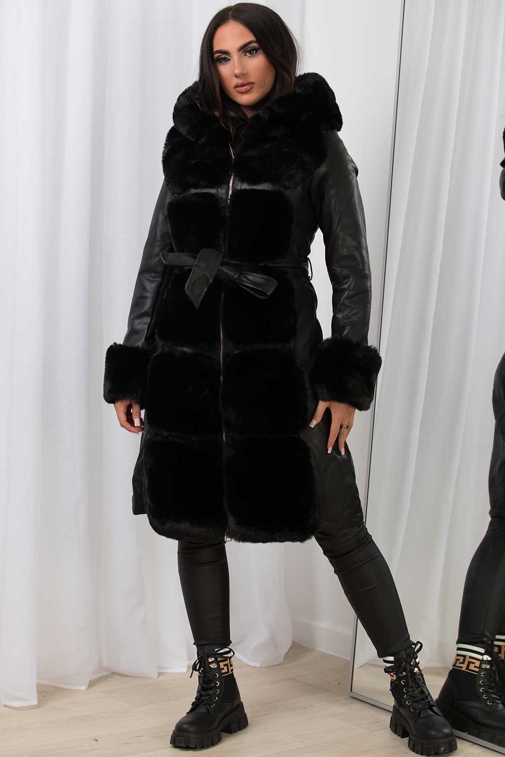 Faux Leather Faux Fur Longline Hooded Jacket Black