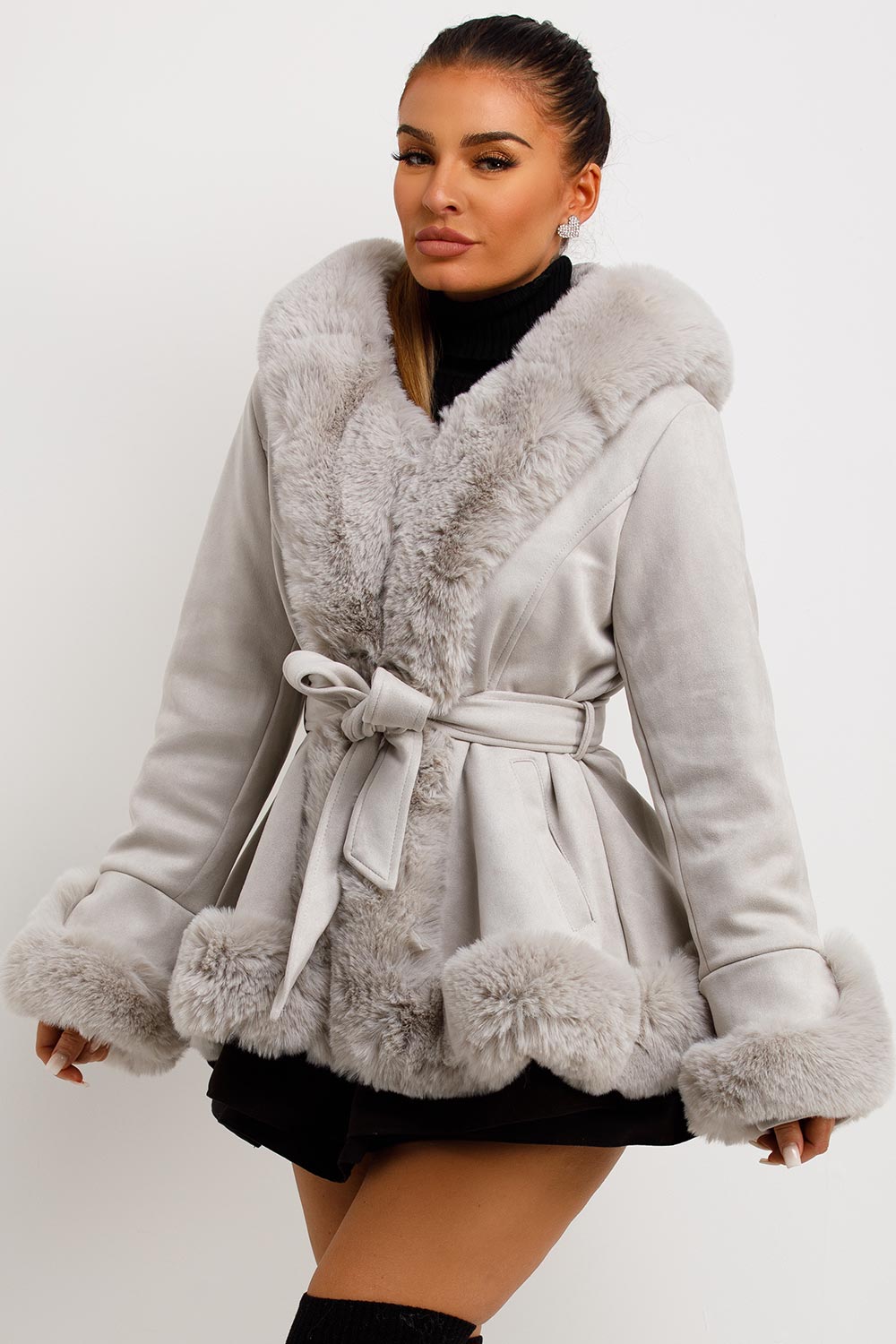 Grey Faux Fur Faux Suede Hooded Belted Coat