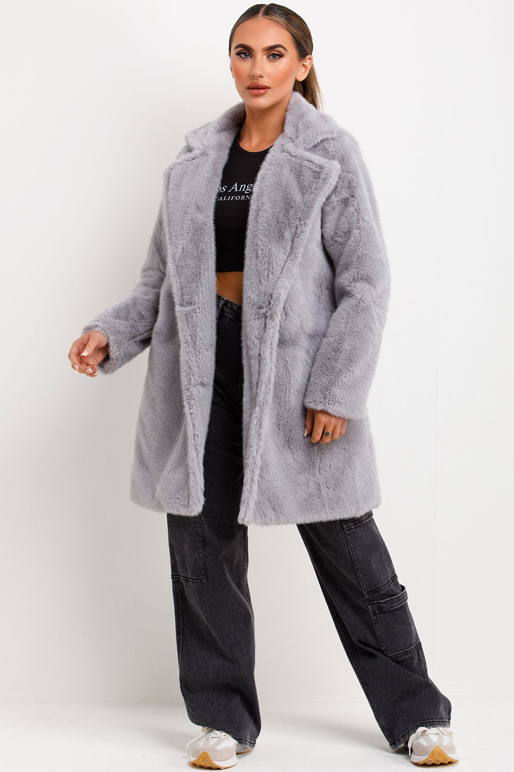 Faux Fur Coat With Lapel Collar Grey