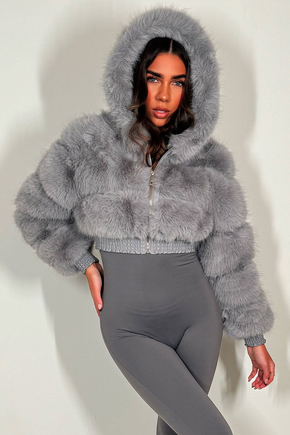 Crop Faux Fur Jacket With Hood Grey