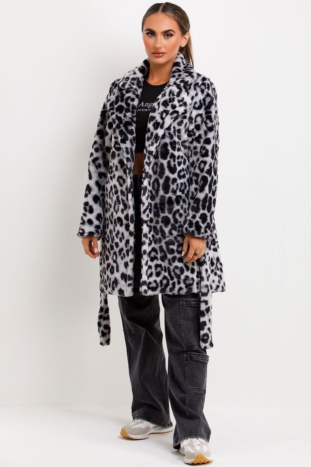 Leopard Print Faux Fur Coat With Belt And Lapel Collar Grey