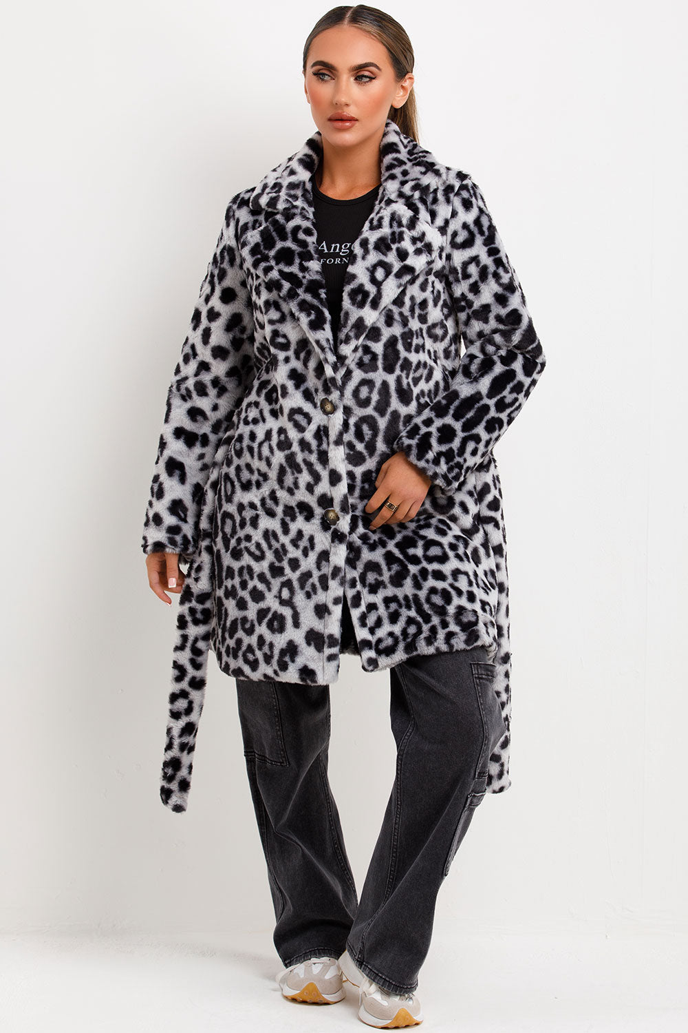 Leopard Print Faux Fur Coat With Belt And Lapel Collar Grey