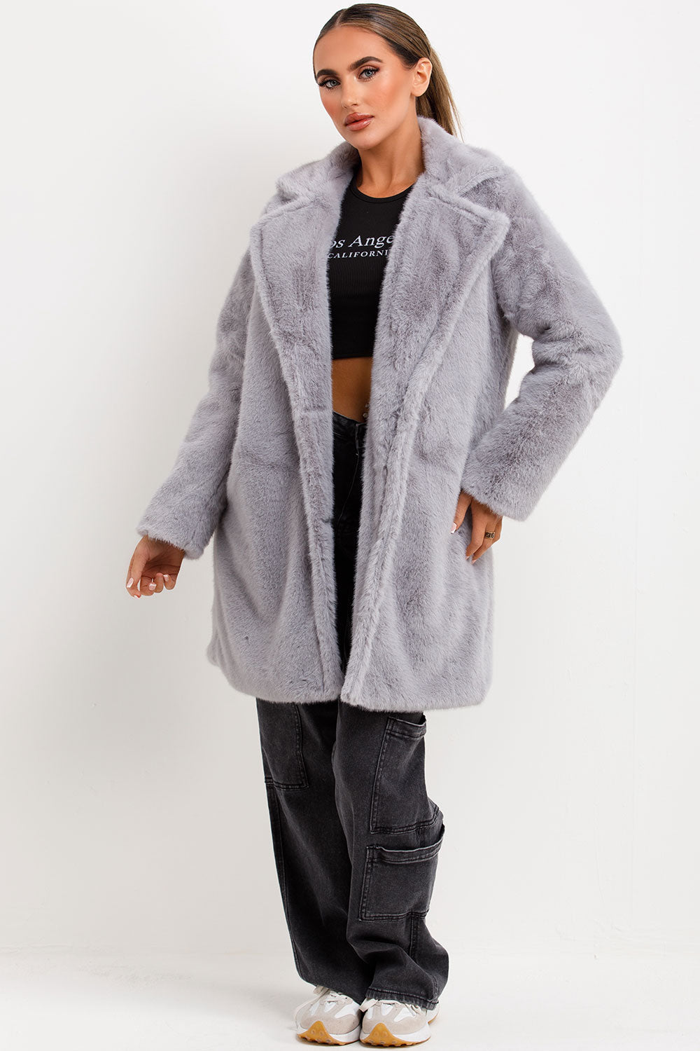 Faux Fur Coat With Lapel Collar Grey