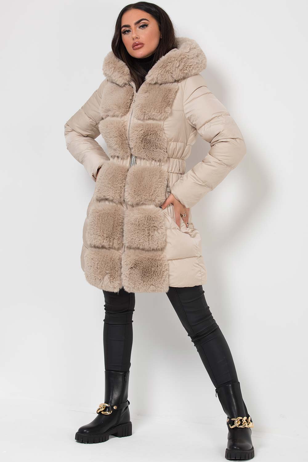 Long Puffer Coat With Faux Fur Hood And Trim Beige