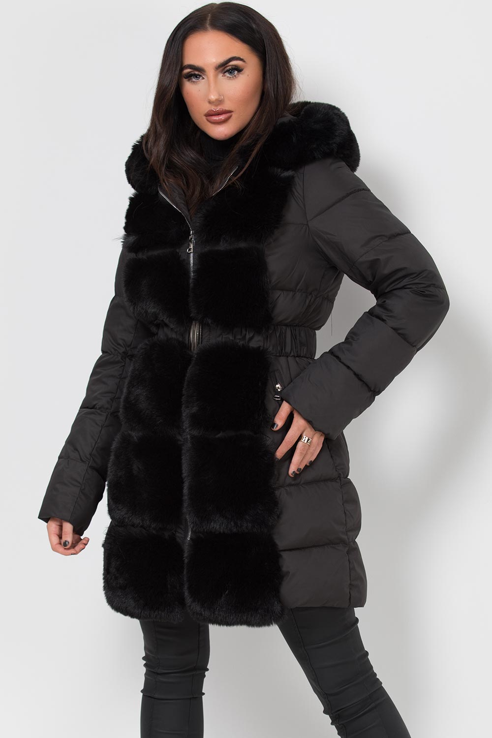 Long Puffer Coat With Faux Fur Hood And Trim Black