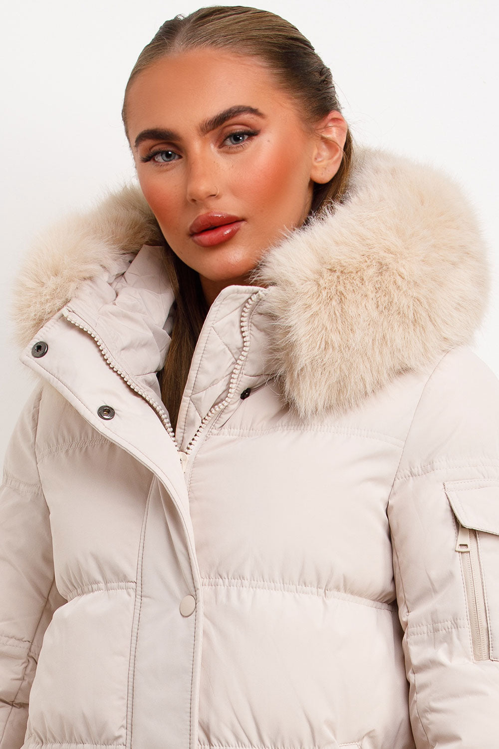 Long Puffer Coat With Fur Hood Beige