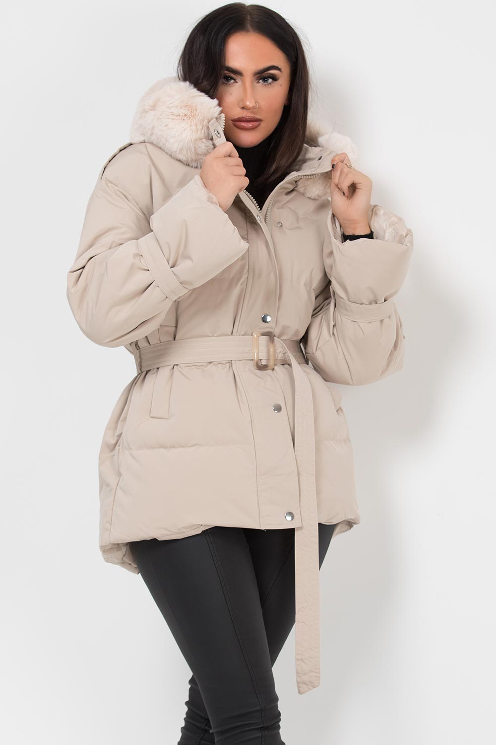 Beige Puffer Padded Coat With Faux Fur Hood