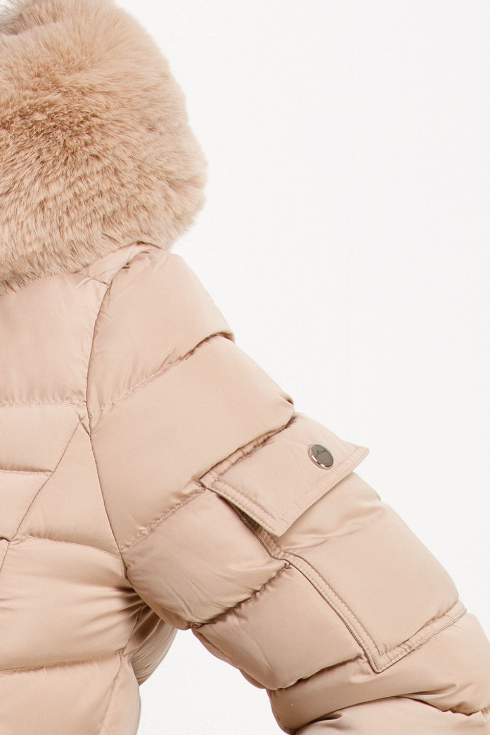 Puffer Jacket With Faux Fur Hood Side Buckle Detail Beige