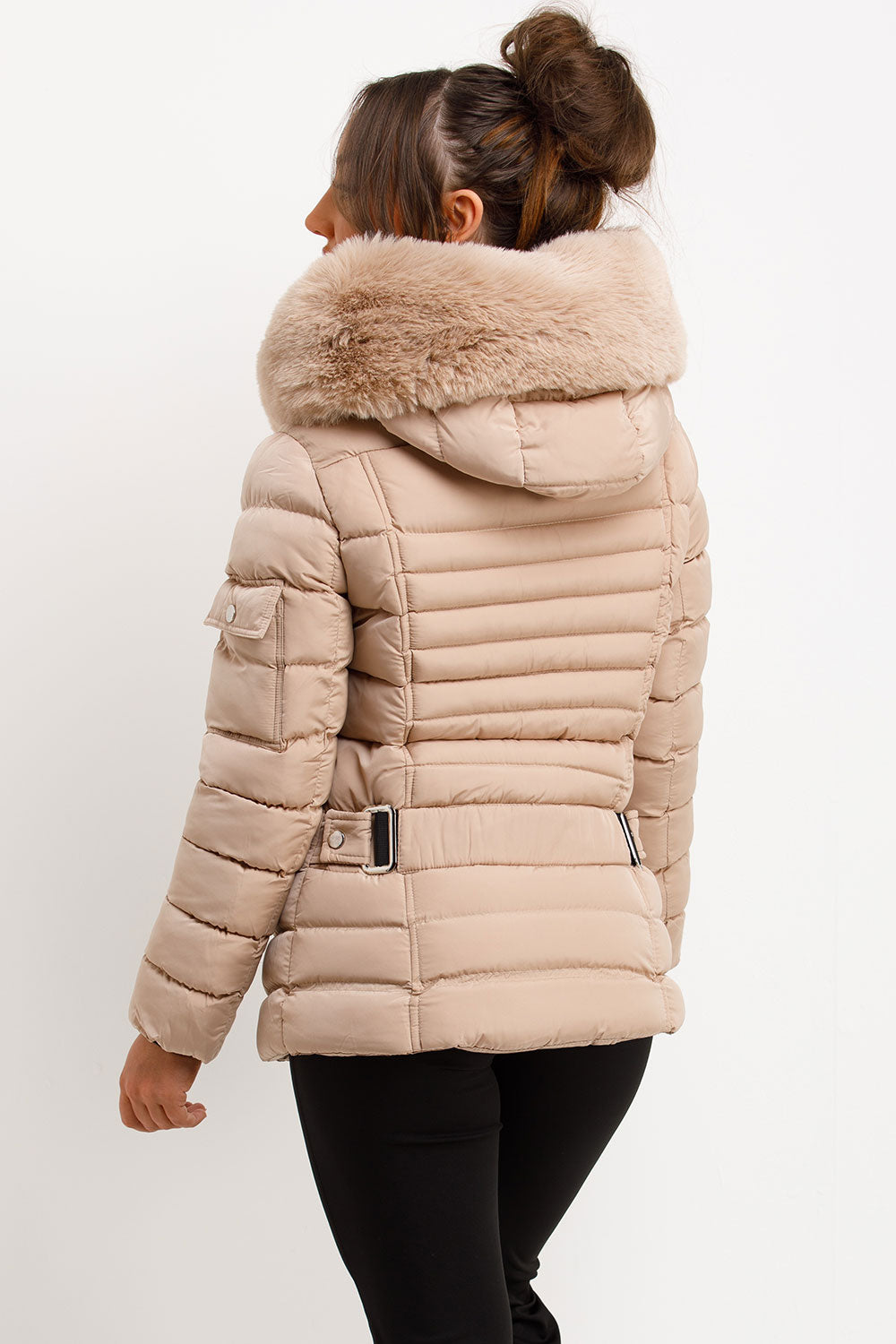 Puffer Jacket With Faux Fur Hood Side Buckle Detail Beige