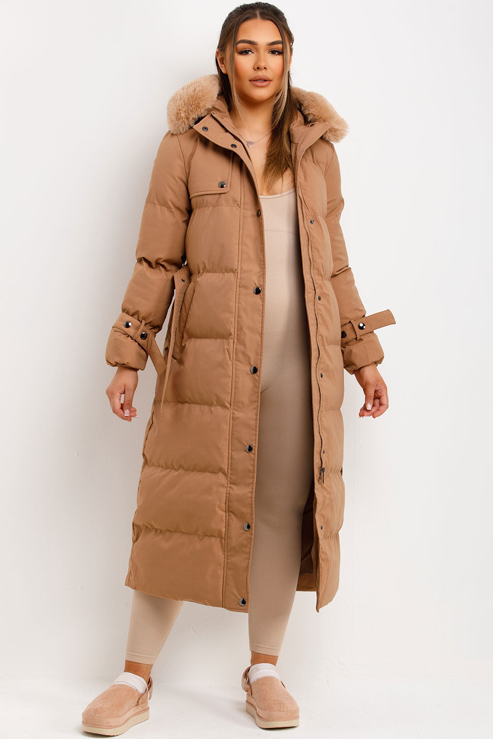 Long Puffer Trench Coat With Belt And Faux Fur Hood Camel