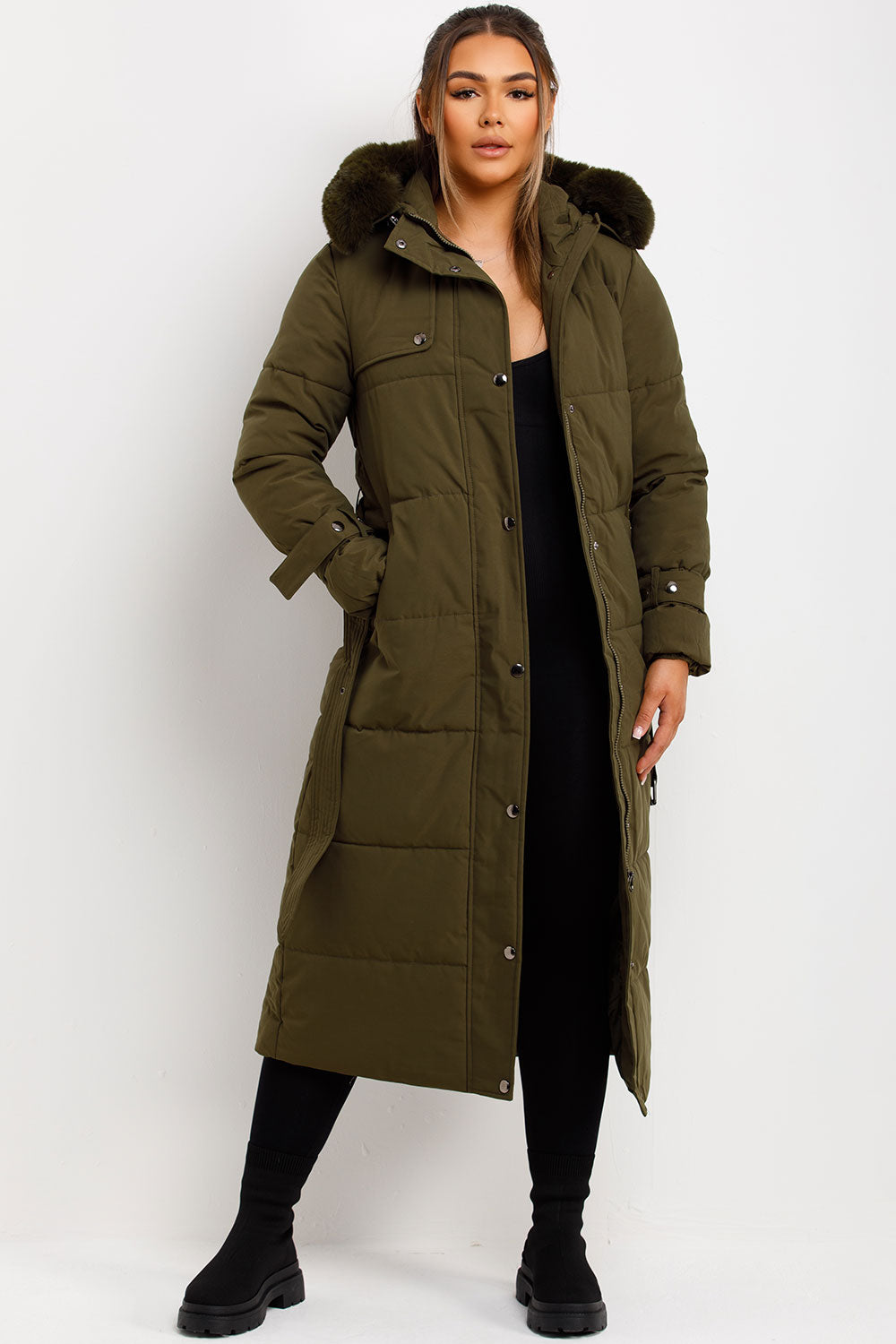 Long Puffer Trench Coat With Belt And Faux Fur Hood Khaki