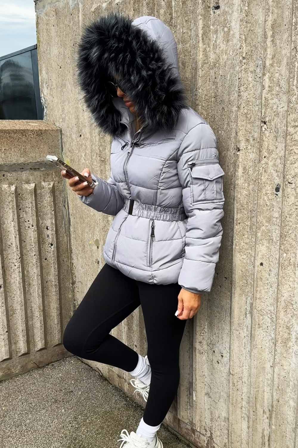 Grey Faux Fur Hooded Jacket With Belt