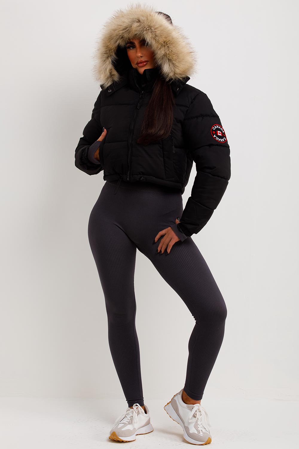 Black Puffer Jacket With Fur Hood Cropped