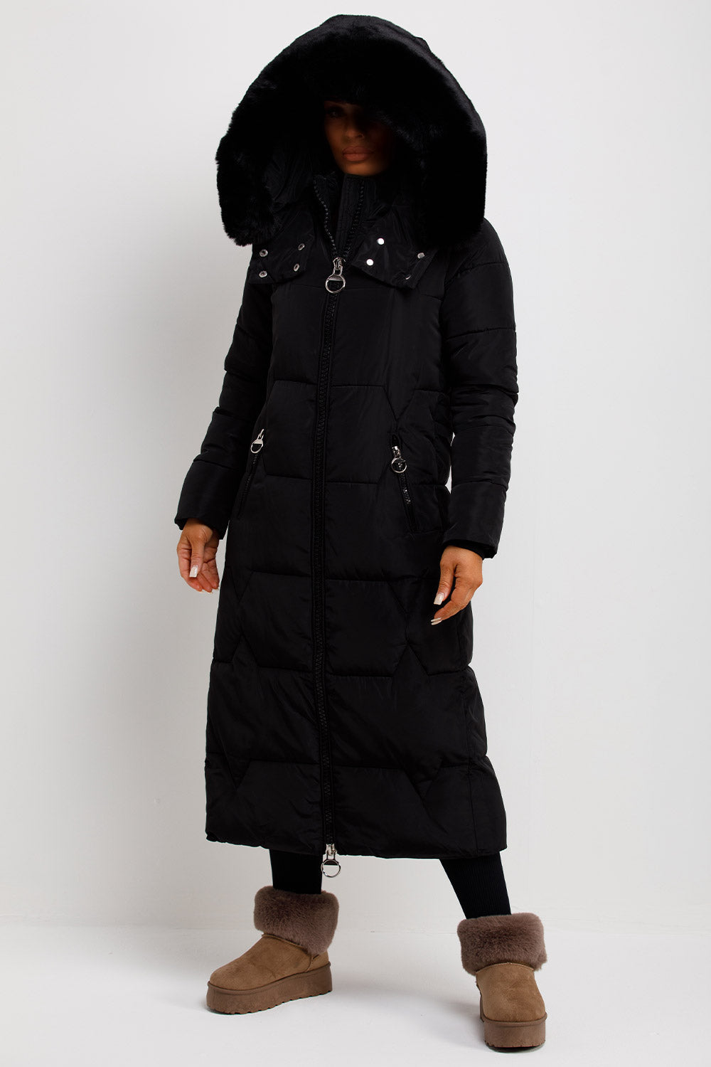 Long Puffer Padded Coat With Faux Fur Hood Black