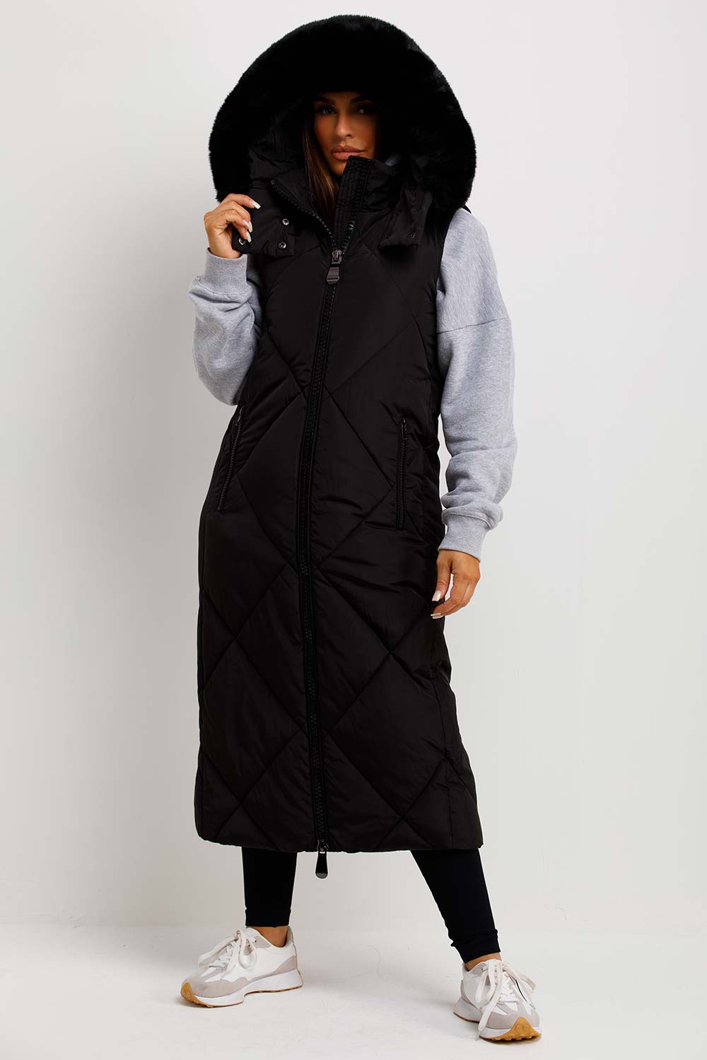 Black Long Puffer Gilet With Fur Hood