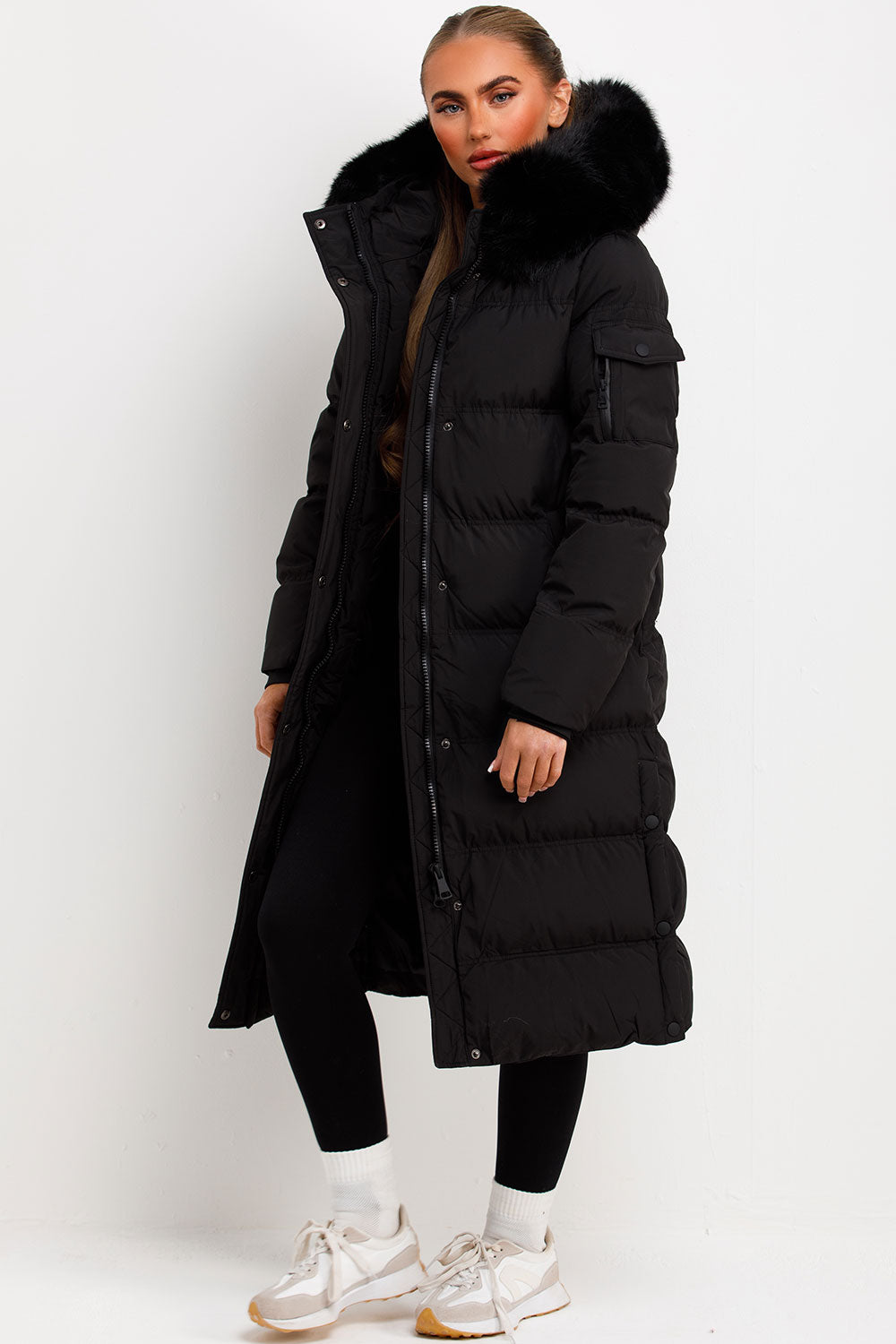 Long Puffer Coat With Fur Hood Black