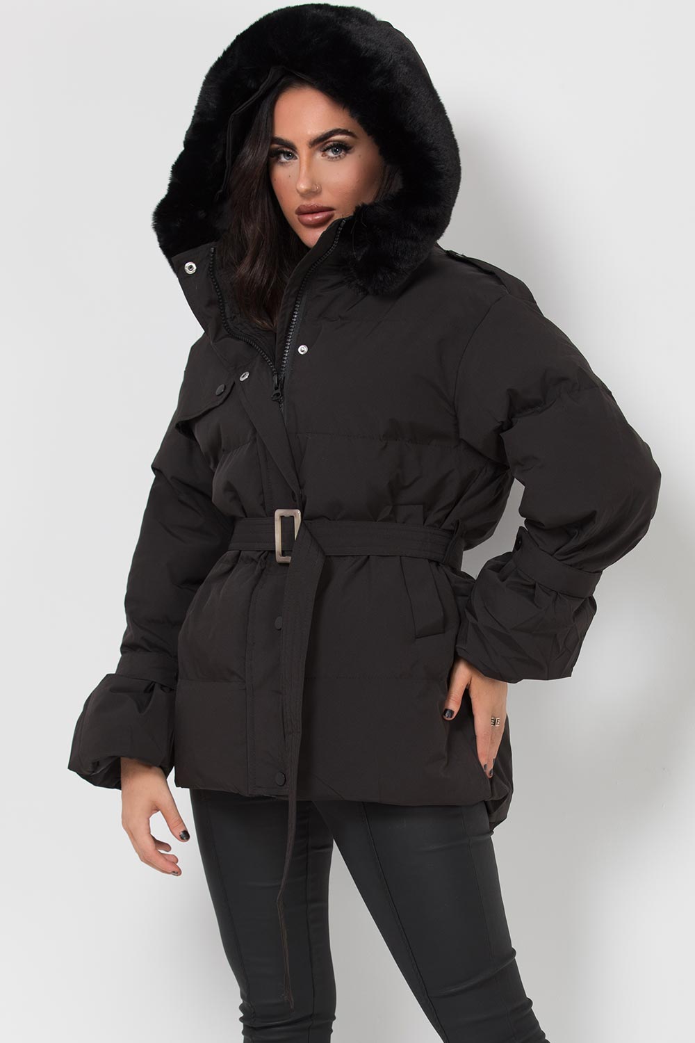 Black Puffer Padded Coat With Faux Fur Hood