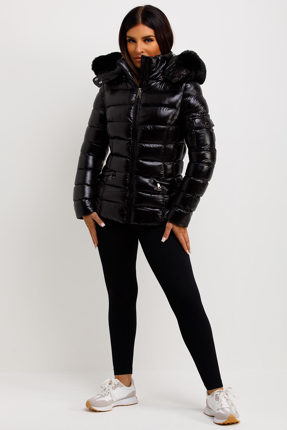 Black Shiny Puffer Jacket With Fur Hood