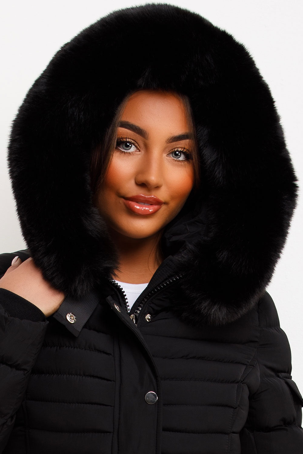 Puffer Jacket With Faux Fur Hood Side Buckle Detail Black