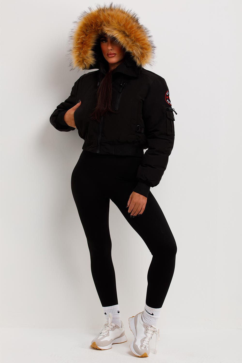 Canada Crop Bomber Jacket With Fur Hood Black