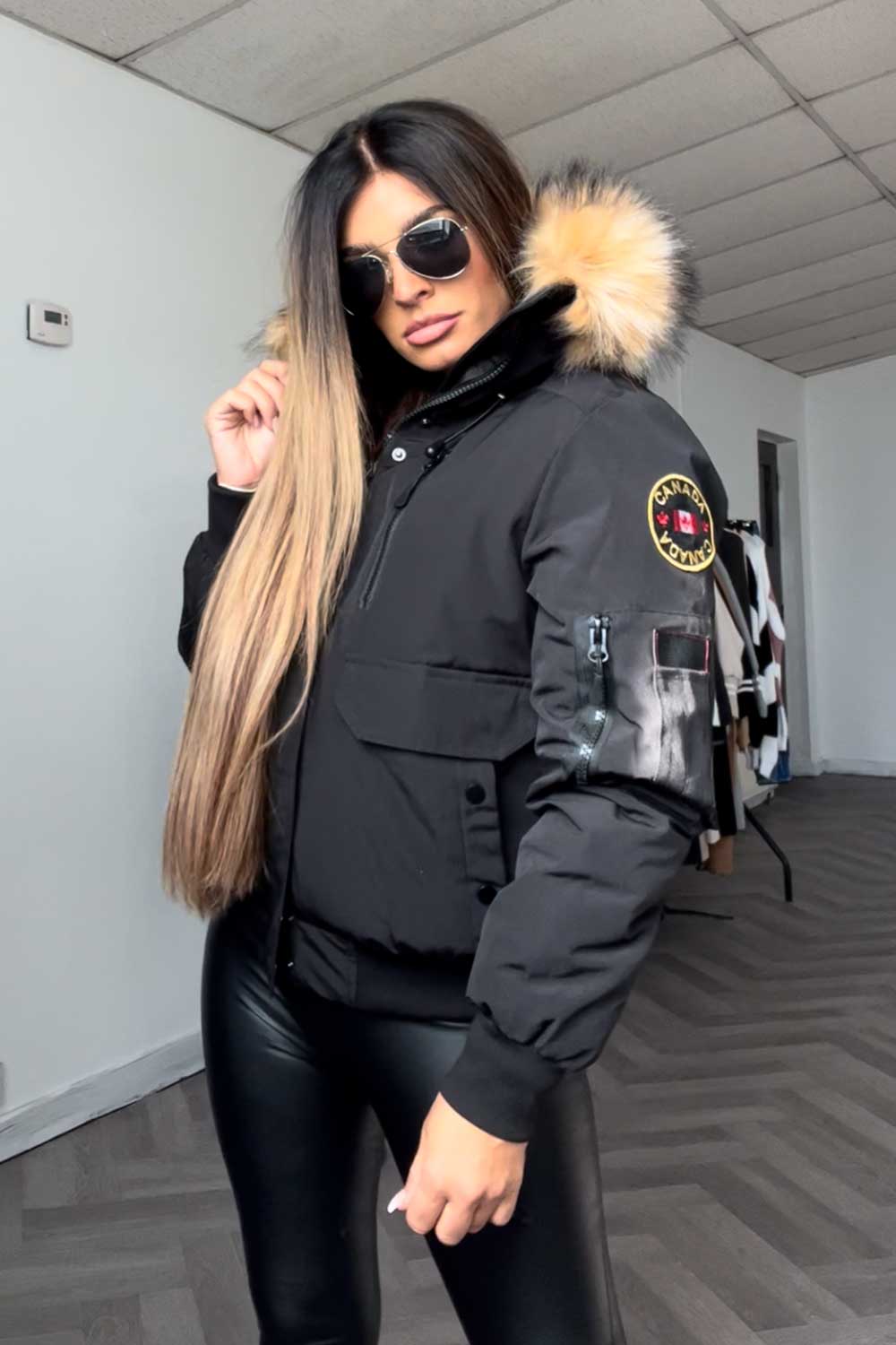 Canada Bomber Jacket With Fur Hood Black