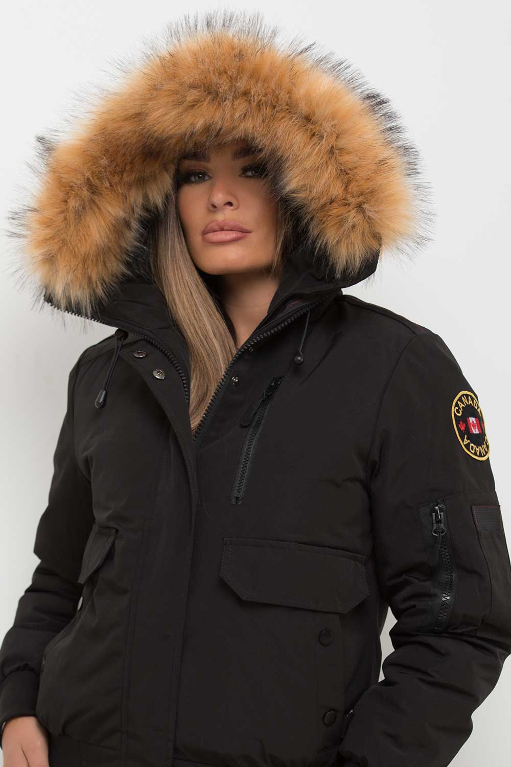 Canada Bomber Jacket With Fur Hood Black