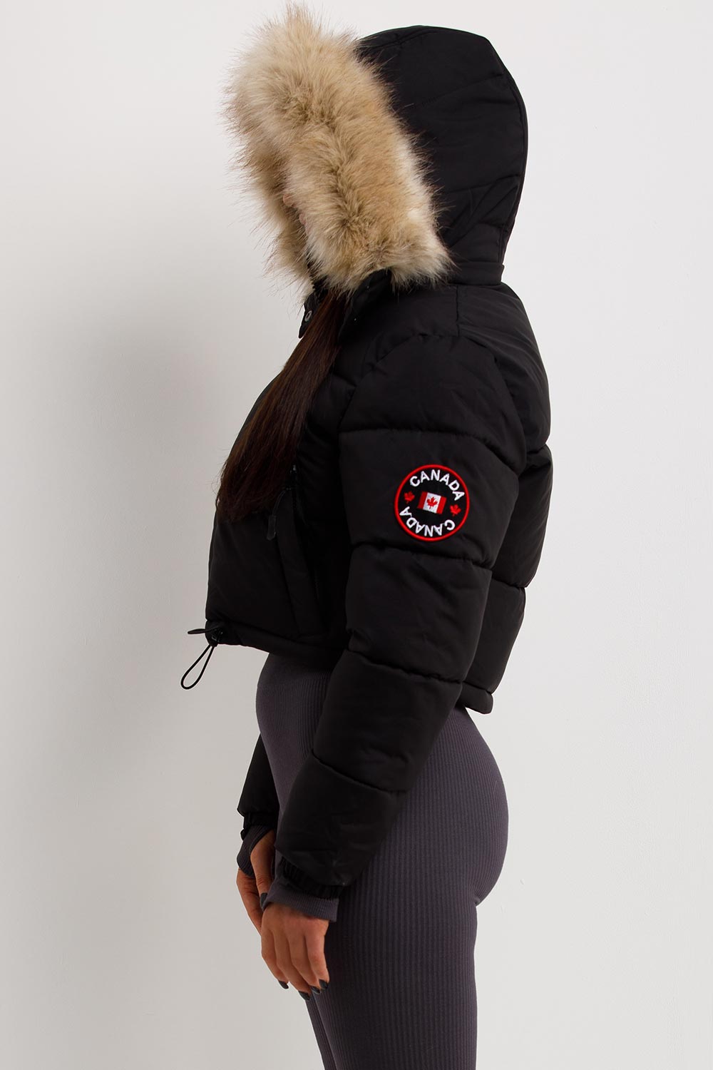 Black Puffer Jacket With Fur Hood Cropped