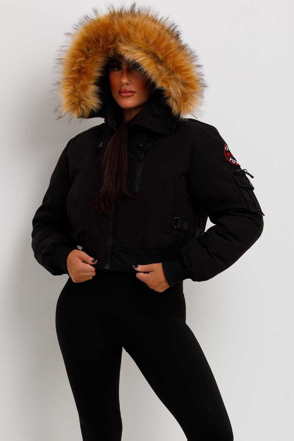 Canada Crop Bomber Jacket With Fur Hood Black