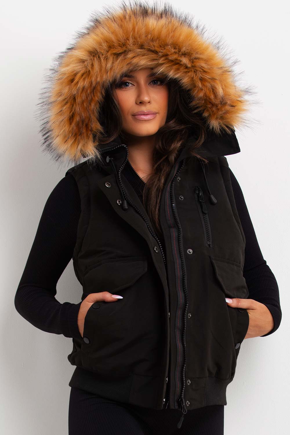 Black Gilet With Fur Hood